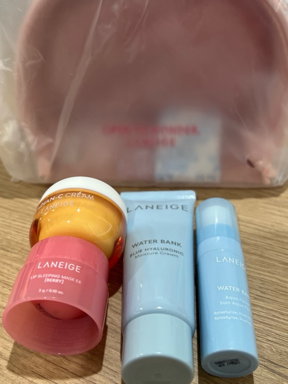 LANEIGE Pink Cosmetic Pouch with Light Blue Mini Skincare